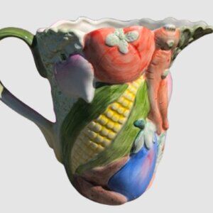 1986 Fitz & Floyd VEGETABLE GARDEN PITCHER Glazed 1 3/4 Quarts 8” Vintage 1986